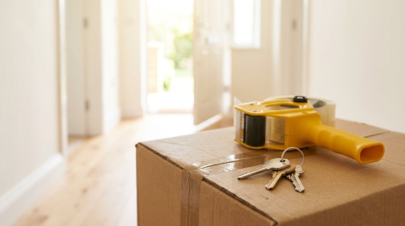A set of house keys and a tape gun resting on a packed moving box in a sunlit doorway