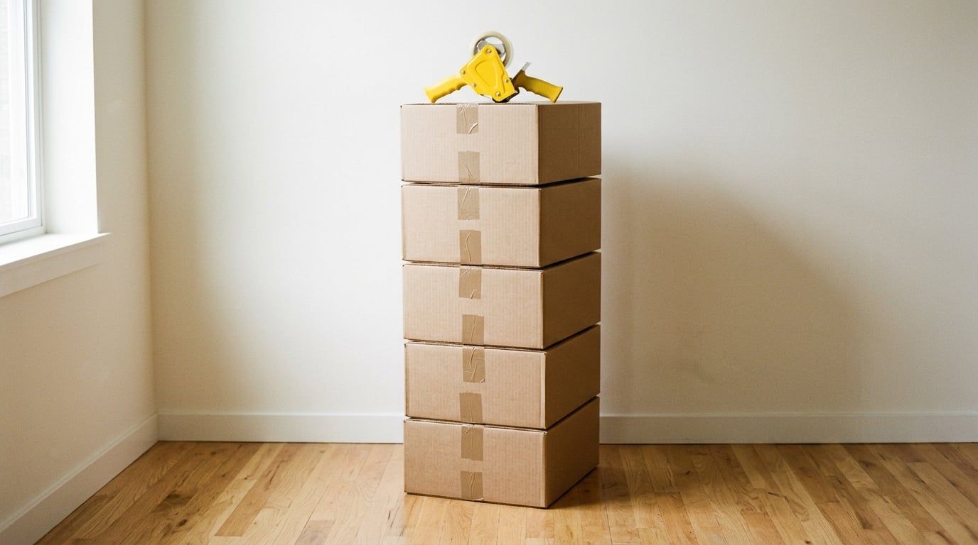 A neat stack of sealed cardboard moving boxes on a hardwood floor, with a tape gun resting on top