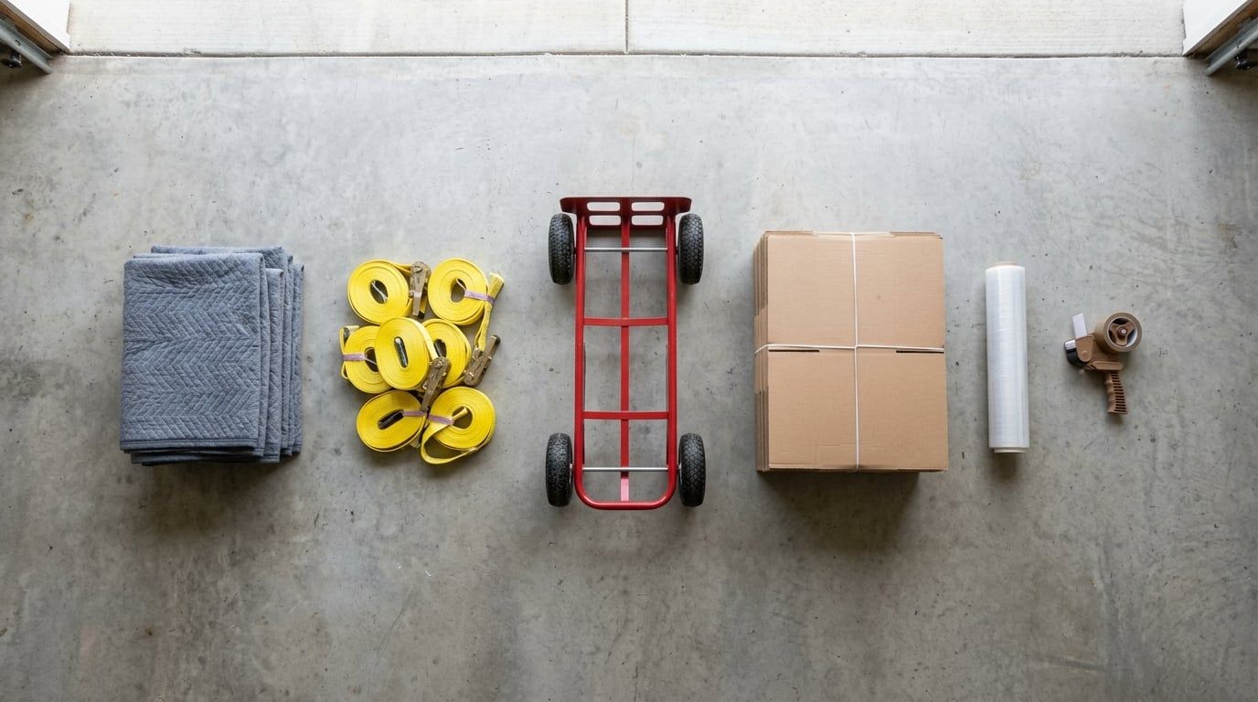 Moving supplies laid out on a floor — folded blankets, rolls of tape, a hand truck, a box and stretch wrap