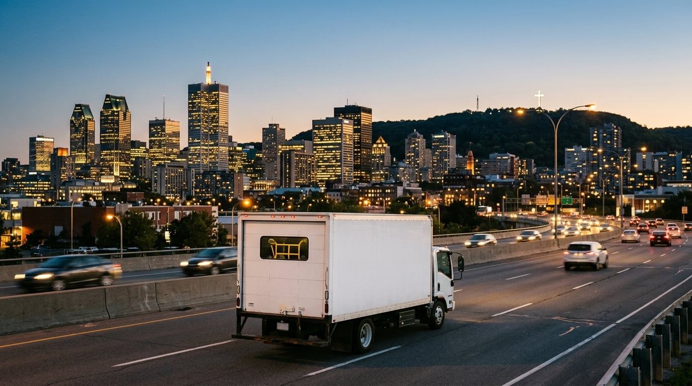 The Montreal skyline at dusk with Mount Royal behind it, and a moving truck on the highway below
