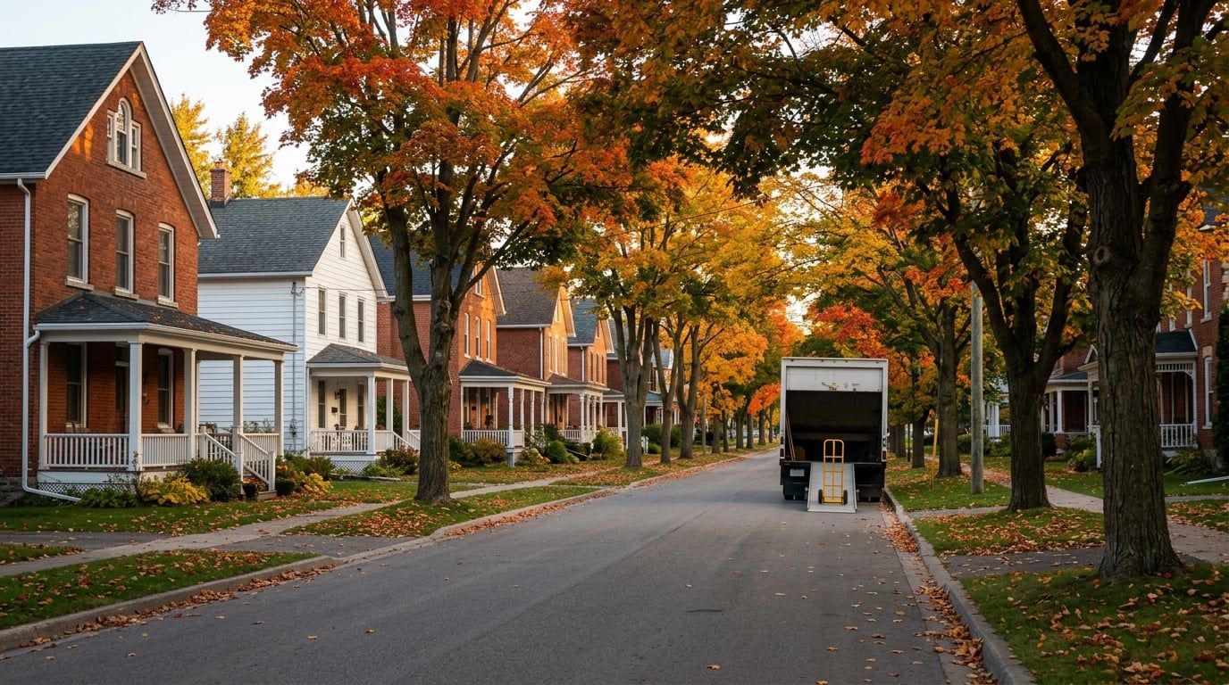 A moving truck on a tree-lined street of century brick homes in an Ottawa Valley town on an autumn morning
